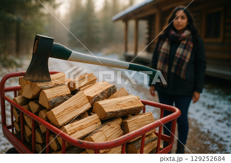 Chopped firewood stacked in a red cart with an axe on top, woman in plaid scarf standing near log cabin in snowy forest morning, AI Generative 129252684