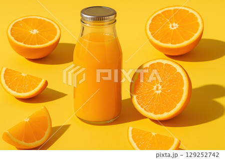 Fresh orange juice in a glass bottle surrounded by halved and sliced oranges on a vibrant yellow background, AI Generative 129252742