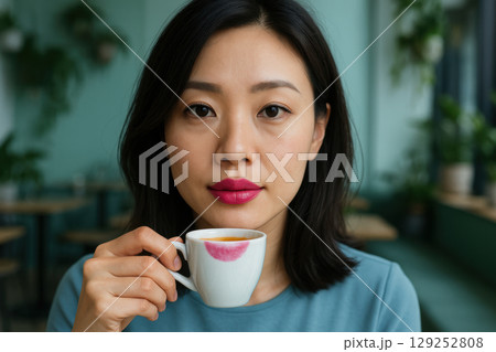 Confident woman with bold lipstick holding coffee cup indoors, lipstick mark visible on cup in cozy cafe setting, AI Generative 129252808