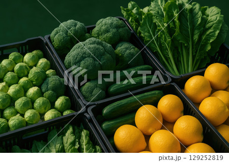 Fresh brussels sprouts, broccoli, spinach, cucumbers, oranges, and leafy greens arranged in plastic baskets under natural sunlight, AI Generative 129252819
