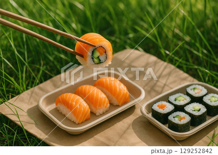 Fresh assorted sushi rolls and nigiri served outdoors on eco friendly trays amidst green grass during a sunny picnic, AI Generative 129252842