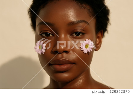 Serene young woman with short hair standing against a neutral background, pink flowers placed on cheeks, embracing natural beauty, AI Generative 129252870