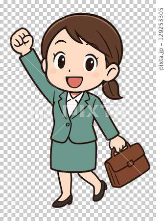 一位身著西裝的女商人手裡拿著一個袋子，微笑著，激動地揮舞著拳頭 129253305