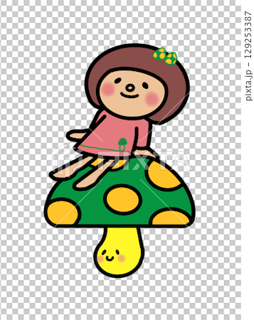 秋天的味道，秋天的食慾，微笑著的彩色蘑菇坐在連身裙上，一個留著鮑勃髮型的女孩穿著連身裙 129253387