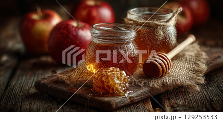 Honey and apples softly glowing on rustic wooden table for Rosh Hashanah 129253533