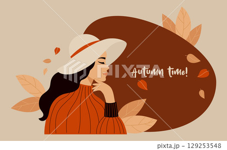 Pretty Female Autumnal Portrait in fashionable wide-brim hat with Autumn Leaves. Stylish Seasonal horizontal poster autumn time. Vector illustration in flat style. Not AI Pretty Female Autumnal Portrait in fashionable wide-brim hat with Autumn Leaves. Stylish Seasonal horizontal poster autumn time. Vector illustration in flat style. Not AI 129253548