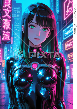 (レトロポップ)サイバーパンクな夜の街を歩くラテックススーツの女性 (レトロポップ)サイバーパンクな夜の街を歩くラテックススーツの女性 129253592