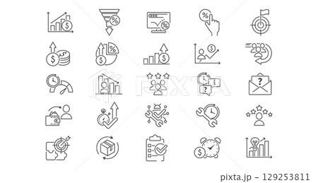 Vector KPI Icons Set with Performance Indicators and Business Metrics for Dashboards or Reports in Modern Line Style. Vector. Editable Stroke. Vector KPI Icons Set with Performance Indicators and Business Metrics for Dashboards or Reports in Modern Line Style. Vector. Editable Stroke. 129253811