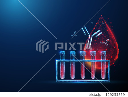 Blood test tubes rack with drop of blood and flying antibodies around Serological testing, immune profiling, personalized medicine, biotechnology diagnostics concept 129253859