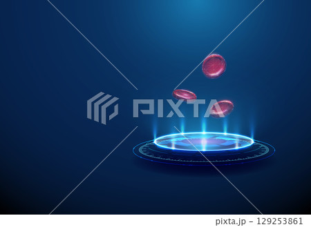 Red blood cells on futuristic podium. Blood analysis, medical diagnostics, targeted therapy, hematology research, treatment monitoring, personalized medicine concept. 129253861