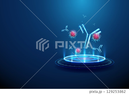 Viruses and antibodies on futuristic digital podium, neon lighting. Immune response, viral defense, biotechnology innovation, vaccination, antibody-based therapy concept 129253862