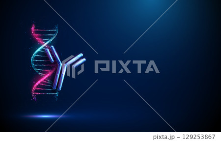 Abstract DNA double helix and antibody. Gene therapy, immunogenetics, monoclonal antibody treatment, personalized medicine, biotechnology innovation concept 129253867