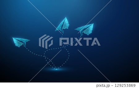 Paper airplanes flying from one origin point with dashed trajectory lines. Creativity, direction, freedom, innovation, decision making, divergent thinking concept. 129253869