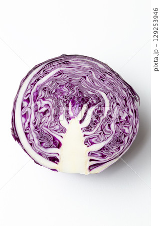 半分に切った紫キャベツ 白バック 半分に切った紫キャベツ 白バック 129253946