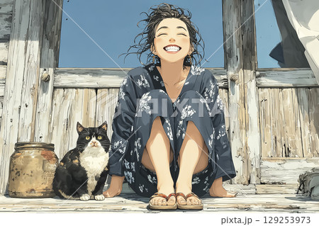 美優シリーズ：縁側で猫と過ごす浴衣の女性（全身＋猫） 129253973