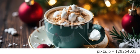 Christmas hot chocolate with marshmallows and crumbled cookies on festive table 129254033
