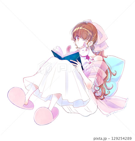 猫をなでる女性　読書　メルヘン 129254289