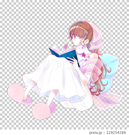 Woman stroking cat reading fairy tale 129254289