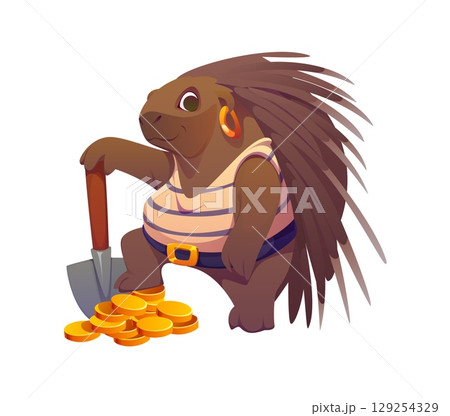Cartoon porcupine animal pirate character with striped shirt, gold earring and belt, leaning on shovel beside a pile of gold coins. Isolated vector corsair personage engaged in treasure hunt adventure 129254329