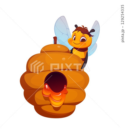 Cartoon honey bee character hovers beside a dripping honey filled beehive. Isolated vector cute and funny cheerful insect bug personage for children book, apiary production packaging or beekeeping Cartoon honey bee character hovers beside a dripping honey filled beehive. Isolated vector cute and funny cheerful insect bug personage for children book, apiary production packaging or beekeeping 129254335