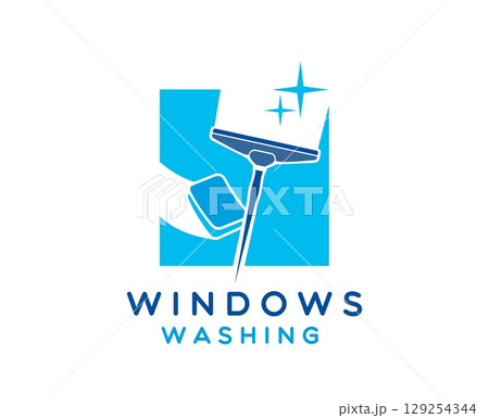Window washing and cleaning service icon. House or office window professional washing service vector symbol, household glass cleaning equipment store icon or company emblem with scraper and sponge Window washing and cleaning service icon. House or office window professional washing service vector symbol, household glass cleaning equipment store icon or company emblem with scraper and sponge 129254344