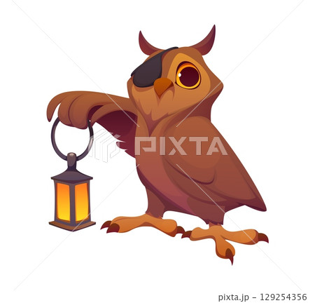 Cartoon owl bird pirate character captain and corsair sailor wearing an eyepatch and holding a lantern. Isolated vector owlet bird adventurous swashbuckler personage, ready for maritime adventures Cartoon owl bird pirate character captain and corsair sailor wearing an eyepatch and holding a lantern. Isolated vector owlet bird adventurous swashbuckler personage, ready for maritime adventures 129254356