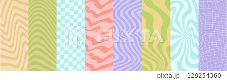 Groovy hippie psychedelic patterns. Retro funky vector backgrounds set with abstract geometric pattern of vintage pastel color waves and swirls, groovy checkered and grid optical illusion ornaments Groovy hippie psychedelic patterns. Retro funky vector backgrounds set with abstract geometric pattern of vintage pastel color waves and swirls, groovy checkered and grid optical illusion ornaments 129254360