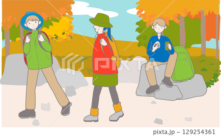 秋の野山でハイキングやトレッキングをする人々のイラスト 秋の野山でハイキングやトレッキングをする人々のイラスト 129254361