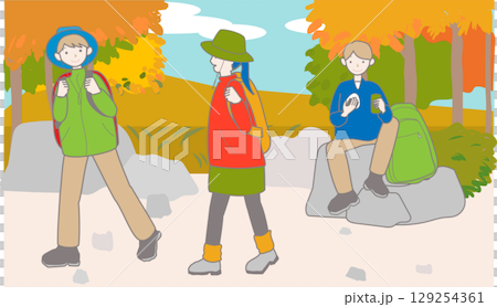 秋の野山でハイキングやトレッキングをする人々のイラスト 秋の野山でハイキングやトレッキングをする人々のイラスト 129254361