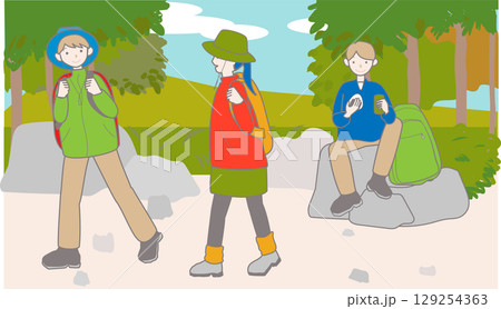 夏の野山でハイキングやトレッキングを楽しむ人々のイラスト 129254363