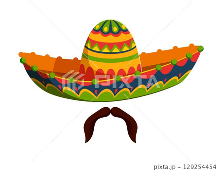 Cartoon Mexican mariachi sombrero hat with moustaches, Cinco de mayo holiday accessory. Isolated vector Mariachi musician or charro cap adorned with bright patterns, symbolizes Latin American culture 129254454