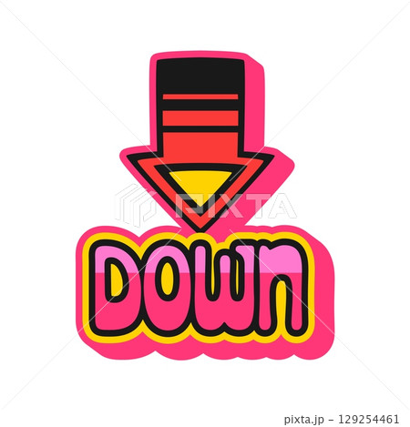 Down arrow casino gambling Y2K groovy sticker or vintage symbol. Money betting game Y2K vector sticker, poker gamble luck retro patch. Casino jackpot label with down arrow or pointer and typography 129254461