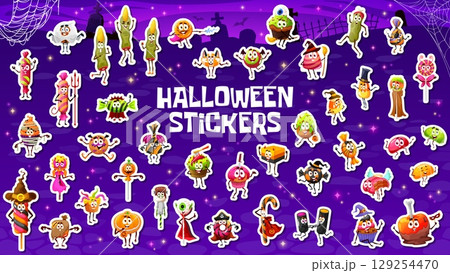 Stickers pack of Halloween holiday sweets, candies and desserts characters. Halloween creepy sweet fingers, marshmallow and cupcake, cookie, lollypop and apple candies vector personage vector stickers 129254470