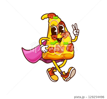 Cartoon groovy fast food pizza superhero character. Takeout cafe meal hero funny groovy vector personage, fast food restaurant cheerful Y2K mascot. Salami pizza piece superhero happy 60s character 129254496