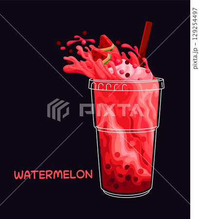 Cartoon watermelon milk bubble tea glass with bright splashes and in a transparent cup, bursting with red splash, juicy fruits slices, tapioca pearls and bold straw, evoking a refreshing, summery vibe Cartoon watermelon milk bubble tea glass with bright splashes and in a transparent cup, bursting with red splash, juicy fruits slices, tapioca pearls and bold straw, evoking a refreshing, summery vibe 129254497