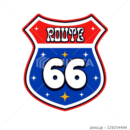 United States route 66 retro Y2K sticker or tag. United States of America vintage vector sticker, USA flag colors retro patch. American patriotic Y2K tag or label with American highway road sign United States route 66 retro Y2K sticker or tag. United States of America vintage vector sticker, USA flag colors retro patch. American patriotic Y2K tag or label with American highway road sign 129254499