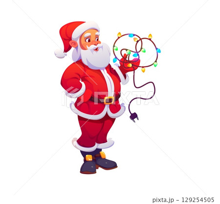 Cartoon Christmas Santa character holding a tangled string of colorful lights with amused expression, captures the holiday spirit and frustration of decorating. Vector Santa preparing for celebration 129254505