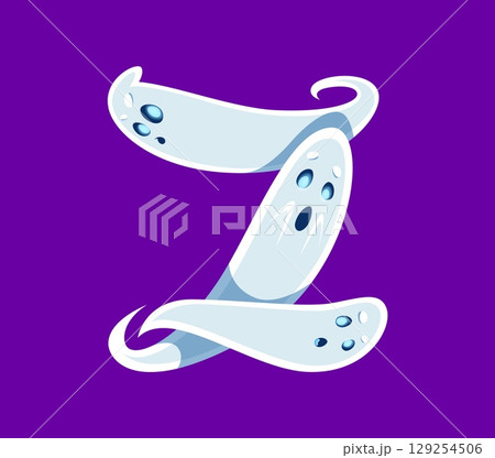 Halloween font Z letter ghost cartoon comical character. Scary phantom character font typeset symbol, horror ghost personage or spooky spirit mascot latin alphabet vector element. English ABC letter 129254506