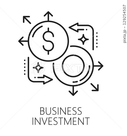 Investment business line icon or symbol. Business trade service outline vector icon, financial startup lineart symbol. Stock investment company linear sign or pictogram with dollar currency sign 129254507