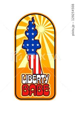 USA liberty babe vintage Y2K sticker or label. American patriotic vector patch, United States of America Y2K label. USA travel tag with Statue of Liberty hand holding torch, sun and typography 129254508