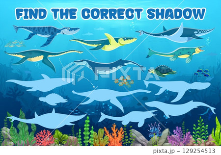 Find correct shadow of prehistoric sea dinosaurs and reptiles. Silhouette or shadow match kids game vector worksheet with kronosaurus, plesiosaurus, liopleurodon and elasmosaurus, archelon dinosaurs 129254513