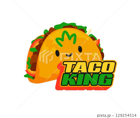 Fast food taco king vintage Y2K sticker or label. Street food menu funky vector sticker, takeaway meal retro hippie tag. Mexican fast food Y2K label with Mexico taco kawaii character and typography 129254514