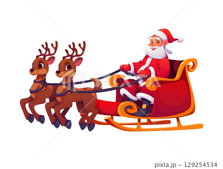Cartoon Christmas Santa Claus character riding in sleigh with reindeer, vector personage. Merry Christmas and New Year winter holiday happy Santa with smile and riding sleigh with deers for greeting Cartoon Christmas Santa Claus character riding in sleigh with reindeer, vector personage. Merry Christmas and New Year winter holiday happy Santa with smile and riding sleigh with deers for greeting 129254534