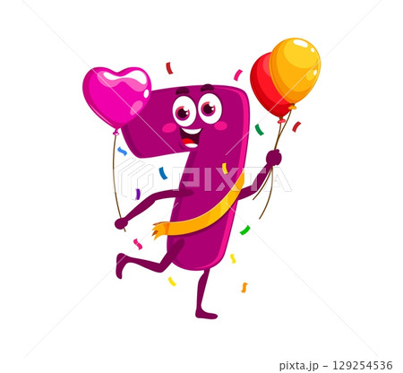 Birthday celebration cartoon math number character. Kids birthday math number isolated vector happy mascot, birthday party mathematics digit or arithmetic symbol cute character running with balloons 129254536