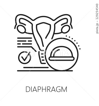 Diaphragm contraception method line icon or sign. Pregnancy prevention thin line vector sign, family planning technique outline symbol. Contraception method icon with uterus organ and diaphragm 129254540
