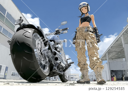 大型クルーザーバイクに乗る女性ライダーのイラスト素材 129254585