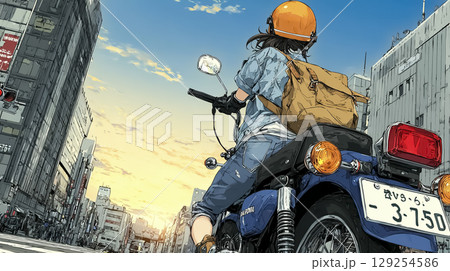大型クルーザーバイクで夕方の都市をツーリングする女性ライダーのイラスト素材 129254586