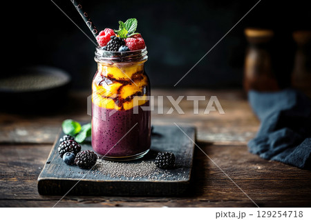 A layered fruit smoothie in a glass jar showcases bright colors of mango, berries, and mint. It is artfully arranged on a wooden board, perfect for breakfast 129254718