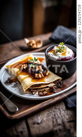 Savory breakfast crepes are elegantly placed on a wooden plate, garnished with fruits, nuts, and yogurt, creating a delightful morning meal suitable for any brunch setting 129254719
