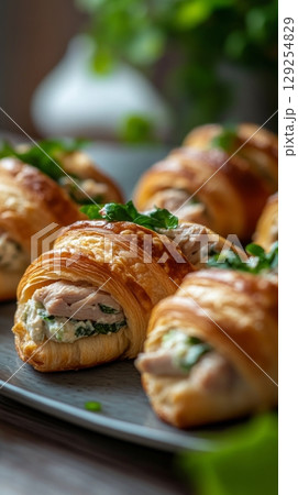 Freshly baked croissants filled with savory chicken, vegetables, and spices are served on a rustic table, ready to be enjoyed during a delightful breakfast gathering 129254829